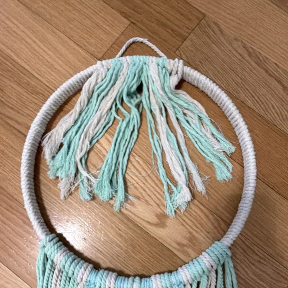 Handmade Macrame Wall Hanging Hoop Dreamcatcher Mint White Fringe Beads